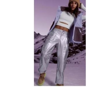 Free People Movement Mesmerize Me Shine Cargo Pants L Silver Metallic Active